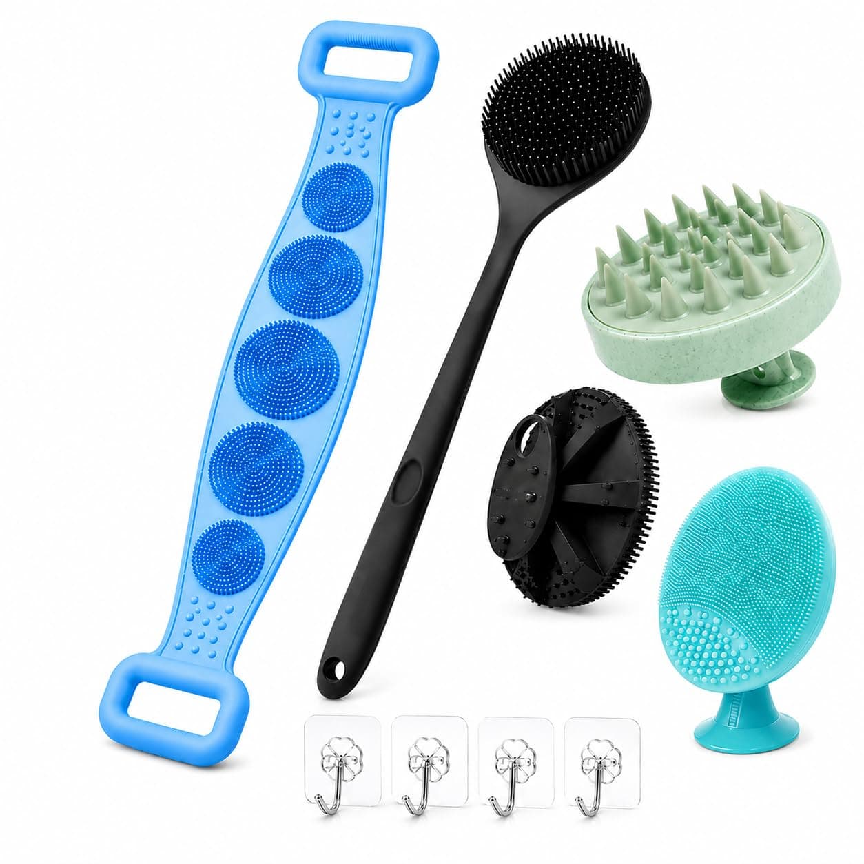 CASA ZURA 6-in-1 Silicone Bath and Body Care Combo, Back Scrubber Belt, Long Handle Brush, Body Scrubber, Face Scrubber, Scalp Massager with 4 Hooks