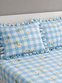VOMZER King Size (72x78) 300 TC Soft Cotton Feel Microfiber All Around Elastic Fitted Double Bedsheet with 2 Frill Pillow Covers | Blue Check