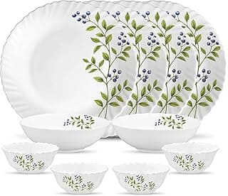 La Opala Novo Collection Opal Glass Crockery | for Family of 4 | Dinner Set 10 pcs Lush Greens | Plates & Bowls for Dining | Microwave Safe | 100% Vegetarian | Extra Strong | Light & White