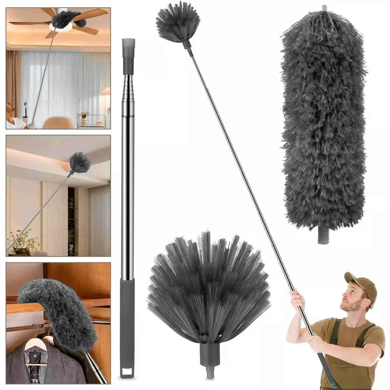 100-Inch Extendable Cobweb Duster with Telescoping Pole – Washable Microfiber & Bendable Head for Ceiling Fans, High Ceilings, Corners, Spider Webs, and Dust Removal Anti-Scratch Cleaning Brush