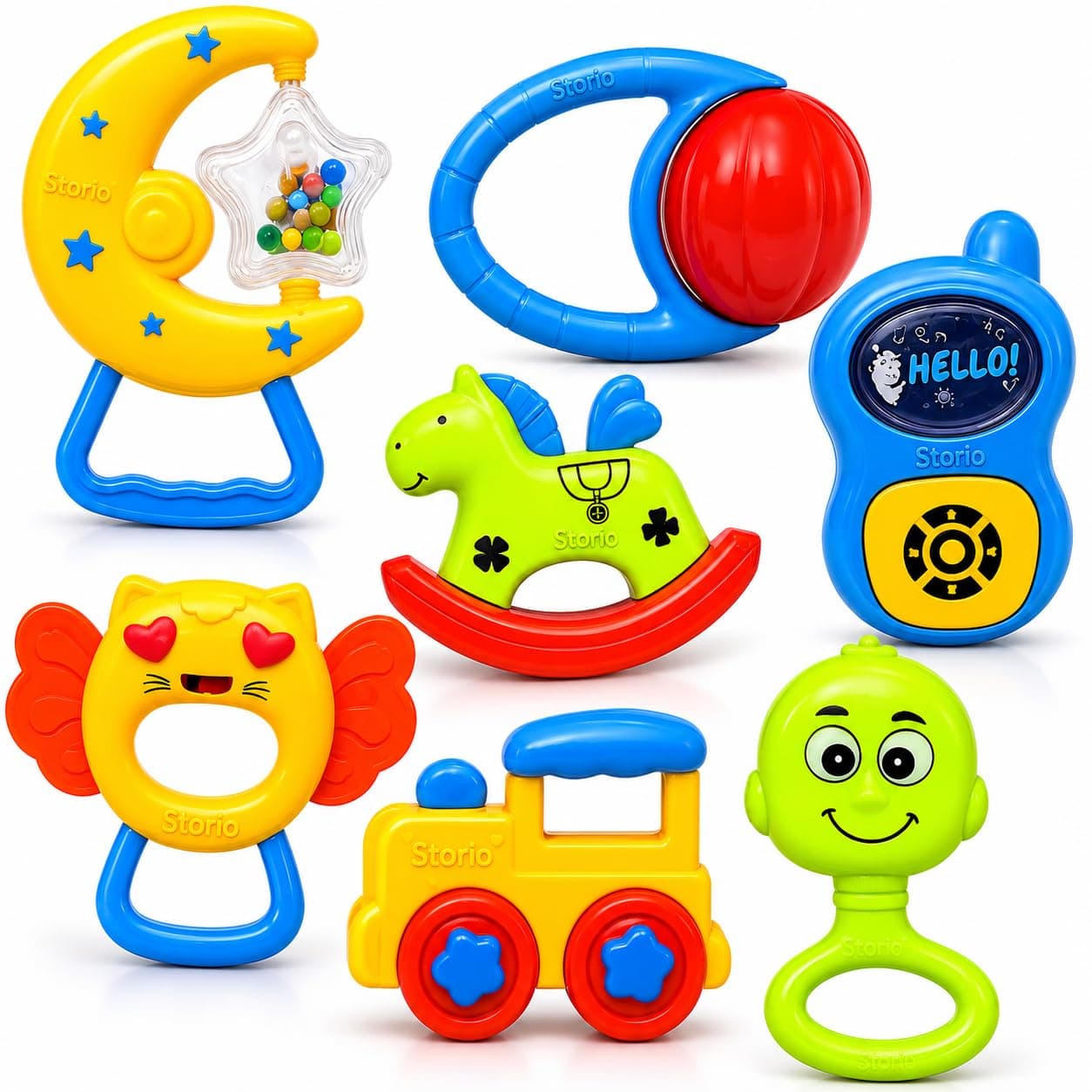 Storio Baby Rattle Gift Set | Newborn Sensory Toys for 0–12 Months | 6 Pc Rattle Set with Teether | Ideal Baby Shower Gift for Boys & Girls | Multicolor