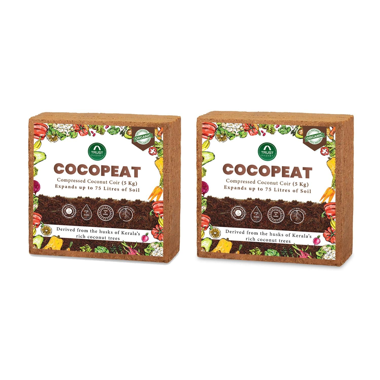 TrustBasket Set of 2 COCOPEAT Block 5kg - EXPANDS Upto 150 litres | Cocopeat for Plants | Organic Bricks for Plants