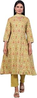 W for Woman Green Floral Printed Lace Pure Cotton Flared Kurta, Straight Pant And Dupatta Set