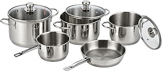 Vinod Stainless Steel Induction Friendly Tuscany Combo Set 5 Pieces - Saucepan (14 cm/1.3 Litre), 3 Cassseroles (14 cm,16 cm & 18 cm / 1.3, 2 & 2.8 litres), Frypan (18 cm) and 3 Glass Lids