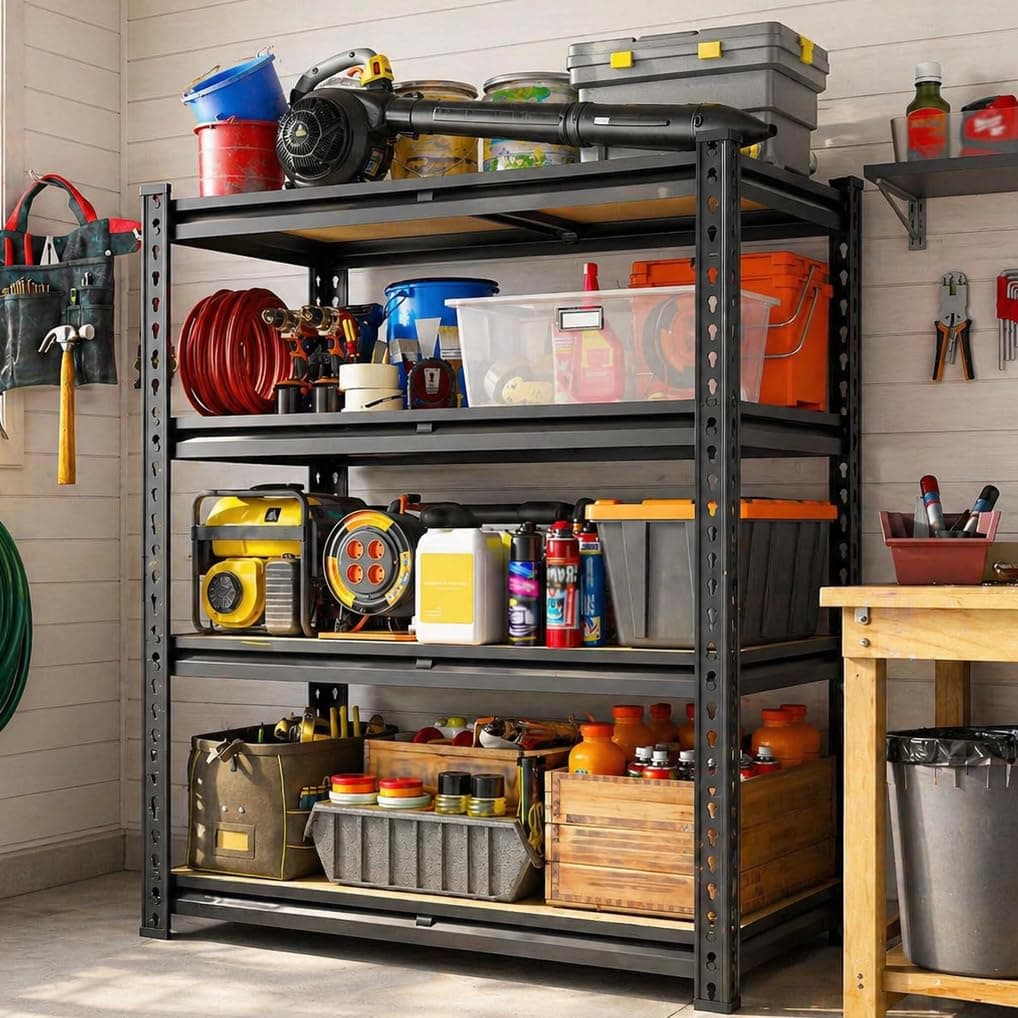 JD FRESH 4-Tier Extra Large Metal Shelf Rack/60x36x18 Inch Adjustable Boltless Shelving Unit/Heavy Duty Display Rack Organizer for Garage/Kitchen/Warehouse/Tool-Free Assembly and Rust-Resistant