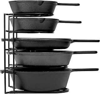 Heavy Duty Pan and Pot Organizer, 5 Tier Rack - Holds Cast Iron Skillets, Griddles and Shallow Pots - Durable Steel Construction - No Assembly Required (BLACK)