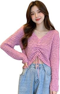 Generic CRAMPLE®Women Knitted Tops, V Neck Long Sleeve Knitted Sweater Casual Drawstring Hollow Out Breathable for Work for Shopping for Female