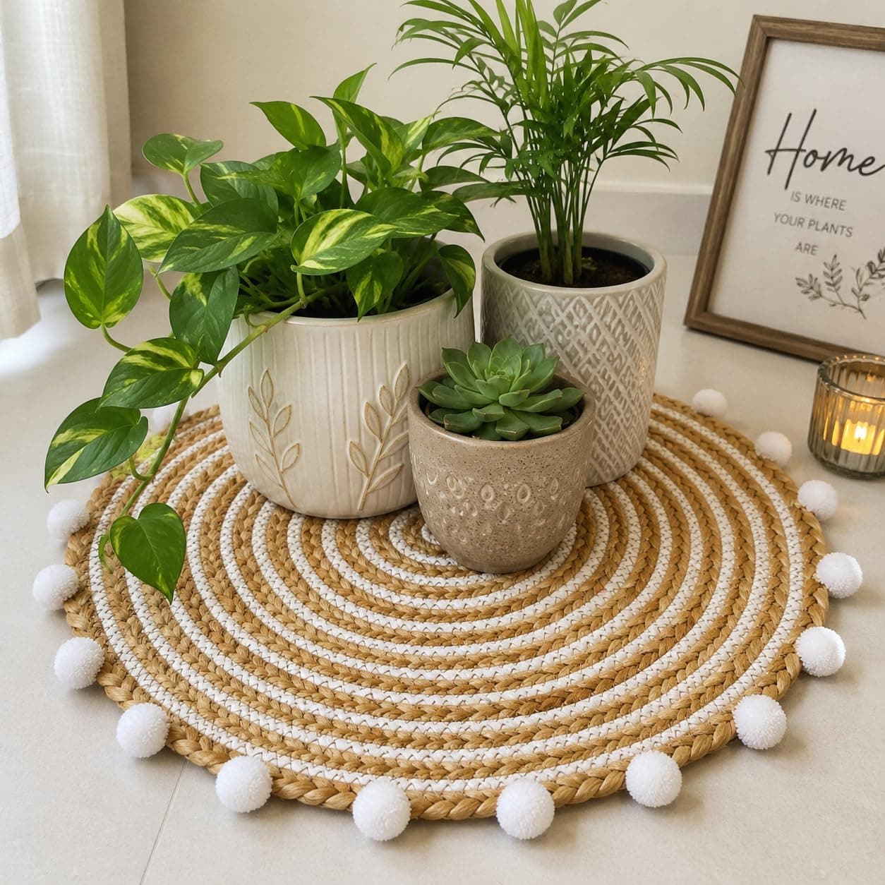 Recho Decorative Pompom Jute Placemat, White, Round, 14 inch | Pompom Trim, Unique Spiral Design, Natural and White