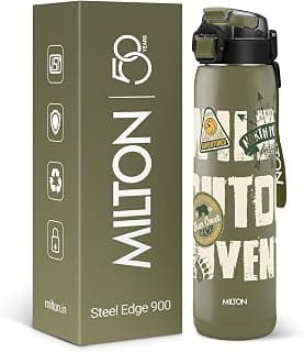 MILTON Steel Edge 900 Thermoware Water Bottle 600 ml with One Touch Safety Lock & Twin Lid Sip or Gulp,Long Hours Hot & Cold,Leak Proof,ISI Certified,Vacuum Insulated,Office,Gym,School,Military Green
