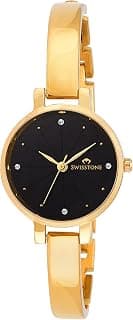 SWISSTONE Analog Stainless Steel Gold Plated Women's Watch (Black Dial Gold Colored Strap)