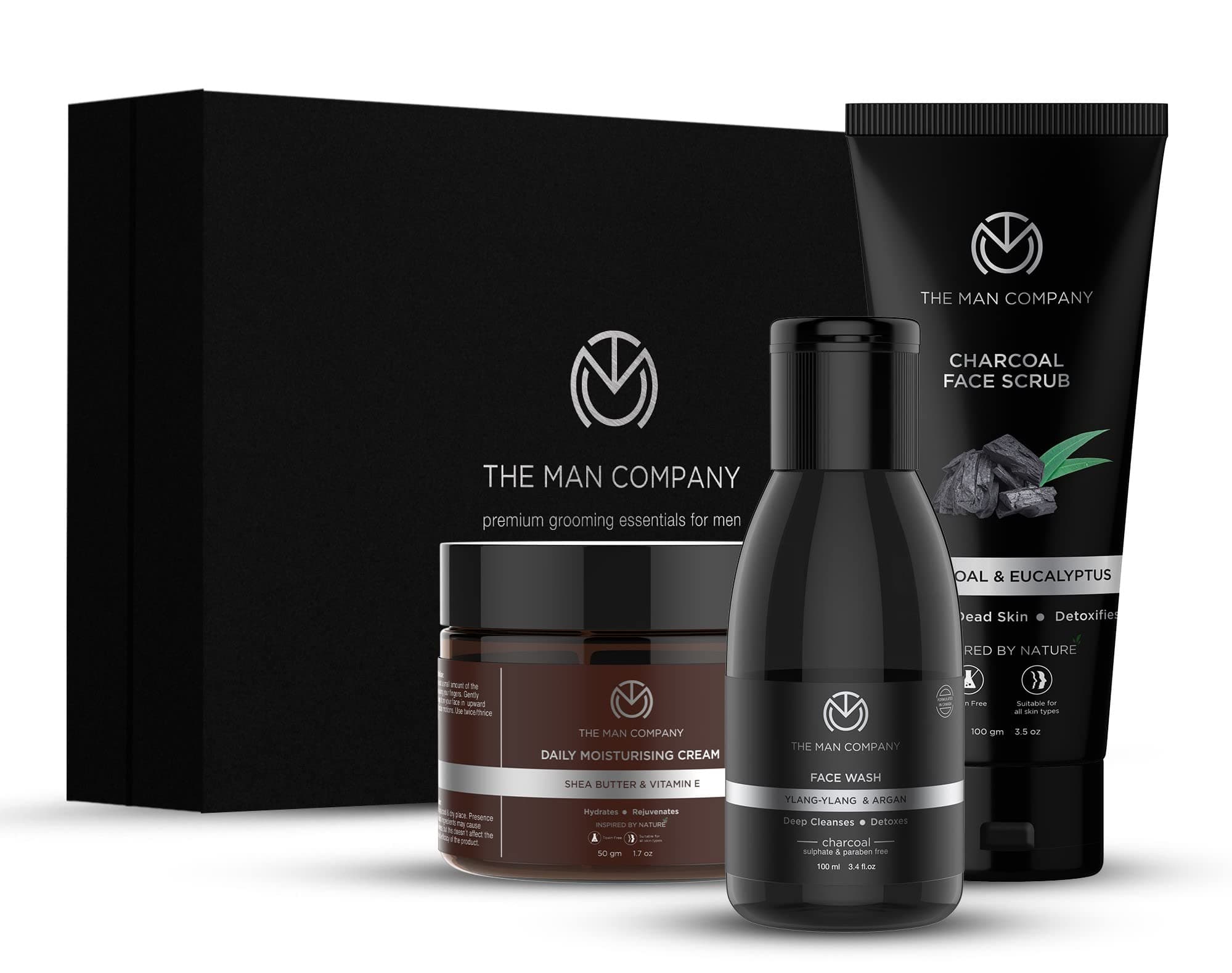 The Man Company Detan Facial Kit - Charcoal Face Wash, Charcoal Scrub, Daily Moisturising Face Cream | Best Detan Care - Pack of 3| Gift set for friend | Valentine Gift set for him