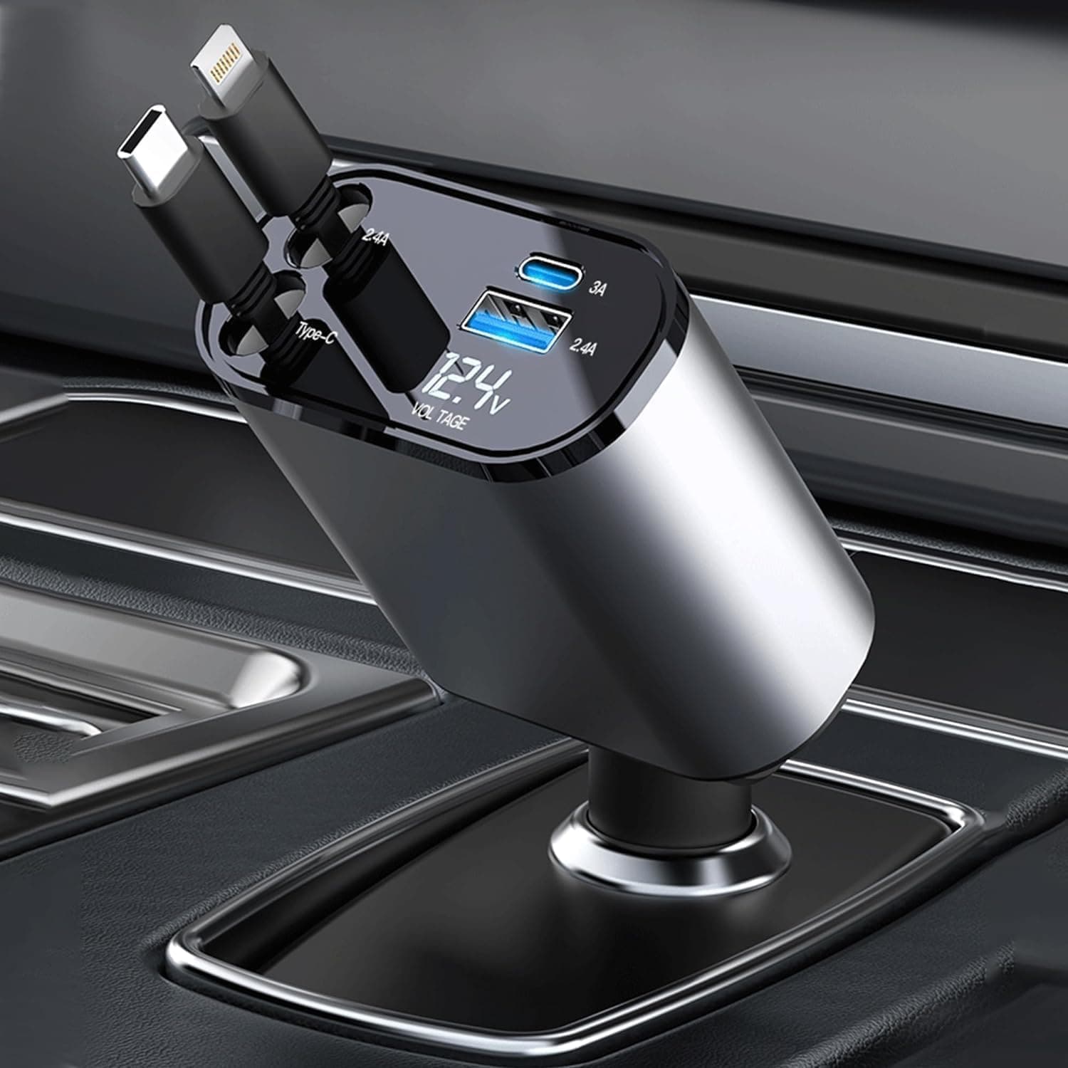 Hold UP 4-in-1 Car Mobile Charger 120W Super Fast Charge with 31.5-Inch Retractable Cables and Dual USB Ports car Charger Compatible with All iPhone iPad, Pixel, Tablets, All Android Phones