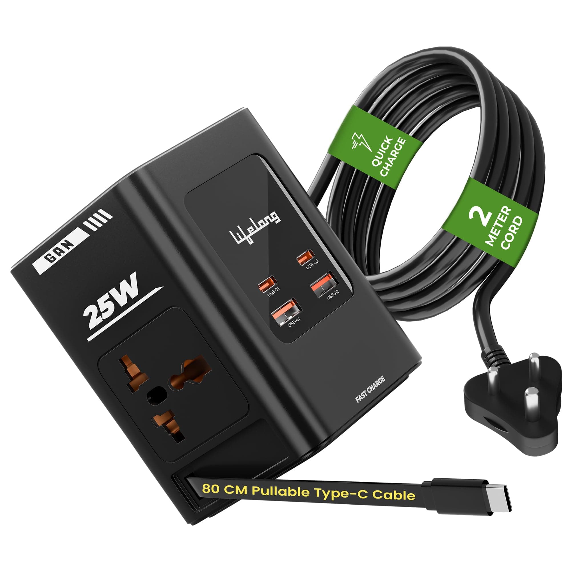 Lifelong Electronics India's First Extension Board with Retractable Type C Cable | 2 AC Power Sockets (2500 W) and 2 USB C + 2 USB A Ports (GaN 25W Fast Charging) | Multiplug Overload Protection