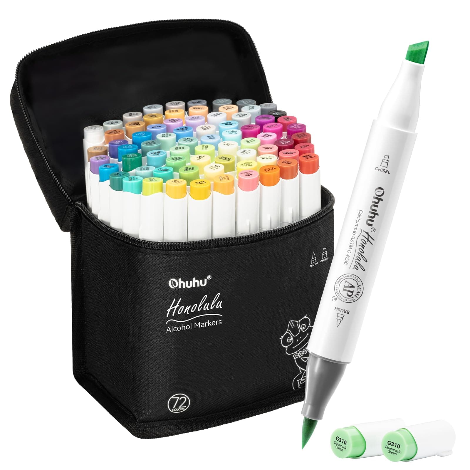 Ohuhu Alcohol Markers Brush Tip - Double Tipped Art Marker Set for Artist Illustration - 72 Colors - Chisel & Brush Dual Tips - Honolulu - Refillable, Multi-Coloured
