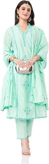 Amazon Brand - Myx Women's Embroidered Cotton Kurta Pant Set with Dupatta (Available in Plus Sizes)