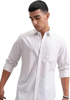 Highlander Men’s Slim Fit Striped Shirt | Full Sleeves | Everyday Wear Stylish Shirt for Men White/Black