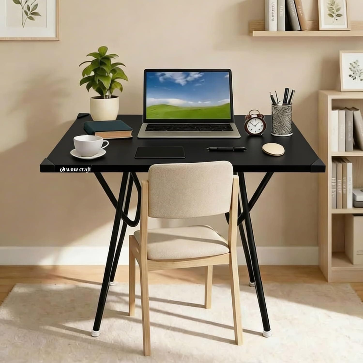 Mighty Home Multipurpose Foldable Study Table | Laptop Desk for Home & Office | 2-Seater Dining Table | Portable Design | Safe Corner Protection | Engineered Wood Top & Metal Frame | Black