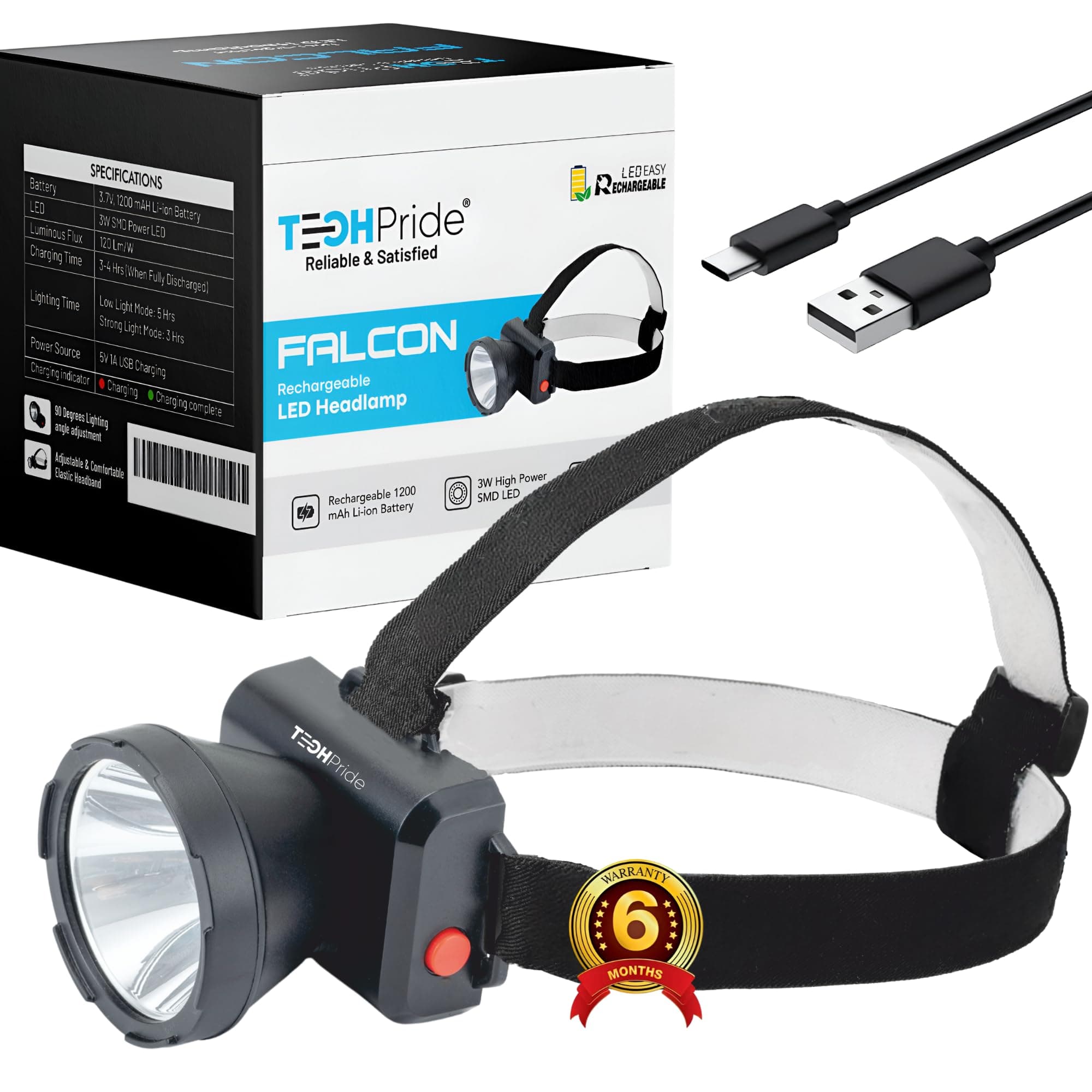 TechPride Falcon Rechargeable LED Head Torch | 1KM Long Range Headlight with 1200mAh Battery | Adjustable Beam Angle | Waterproof & Durable | Ideal for Farmers, Camping, Caving, Cycling