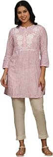 W for Woman Pink and White Yarn Dyed Cotton Tunic in Mandarin Collar