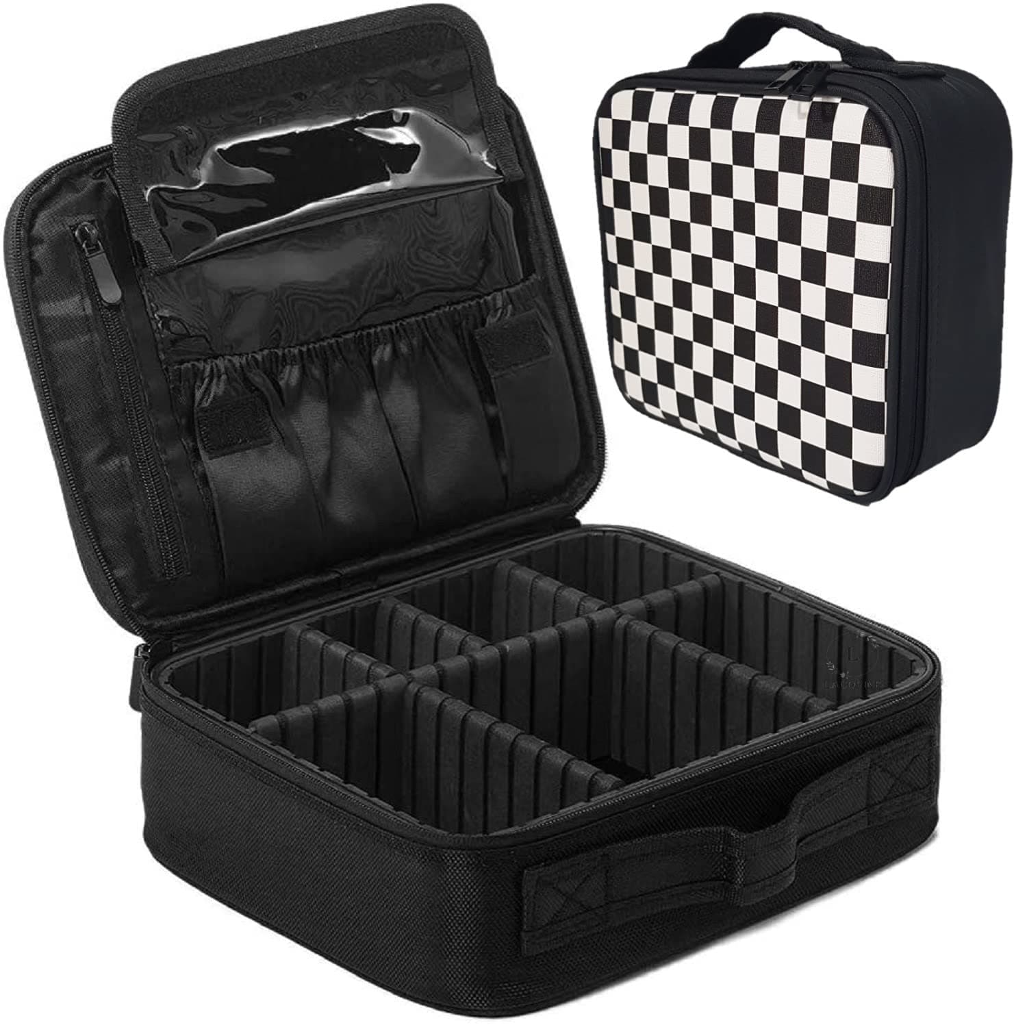LACOPINE Makeup Organizer Cosmetic Artist Storage Case, Professional Makeup Bag with Adjustable Dividers, Elastic Makeup Brush Slots and Shoulder Strap for Women