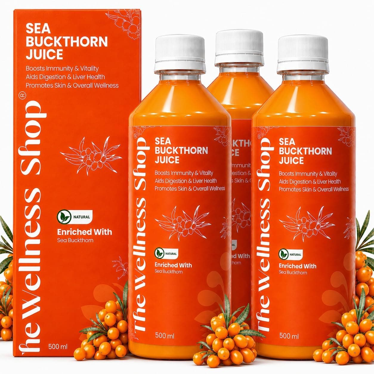 The Wellness Shop Himalayan Sea Buckthorn Juice 500ml x3 | Cold Pressed Seabuckthorn Berry Pulp Concentrate with Natural Vitamin C Omega 3 6 7 9, Antioxidants | Supports Immunity Skin Glow Gut Health