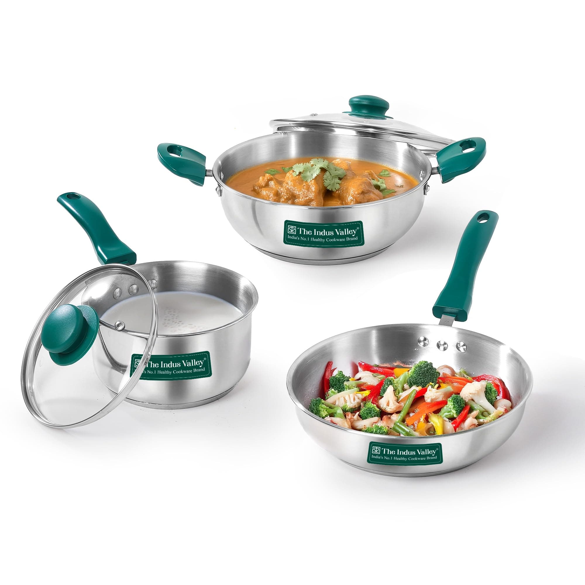 The Indus Valley Stainless Steel Impact Bonded Bottom Cookware Set of 5 | Kadai 22cm with Glass Lid + Fry Pan 22cm + Saucepan 16cm with Glass Lid | Green Handles | Induction Compatible