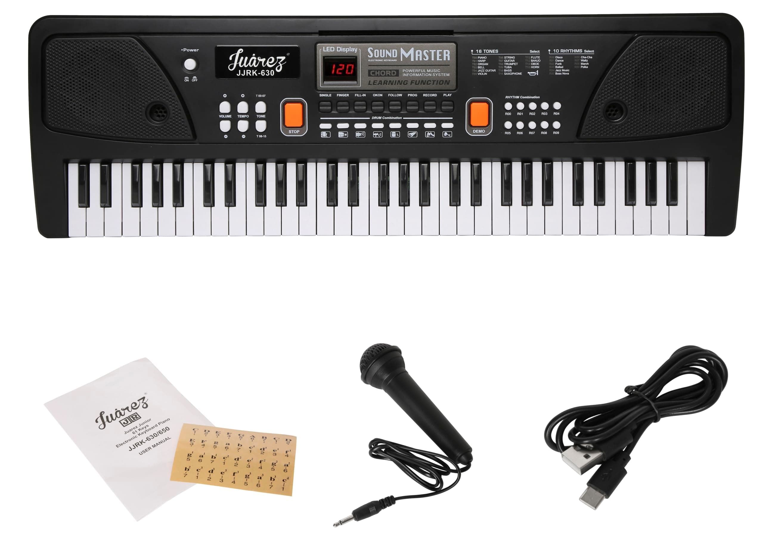 Juarez Junior 61 Keys Electronic Keyboard Piano for Kids & Beginners with Dual Speakers, 16 Tones, 10 Rhythms, 6 Demos, LED Display, Mic, USB Power OR 4 AA Battery Operation, Record & Playback