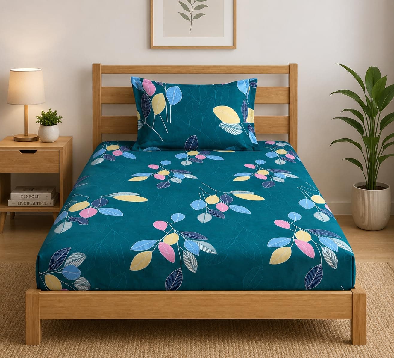 LOOMLYFE 300 TC Cotton Feel Glace Elastic Fitted Printed Single Bed Bedsheet with 1 Pillow Cover Fits Upto 6 Inches Mattress,Size- 42X75X8 Inches, Green Leaves