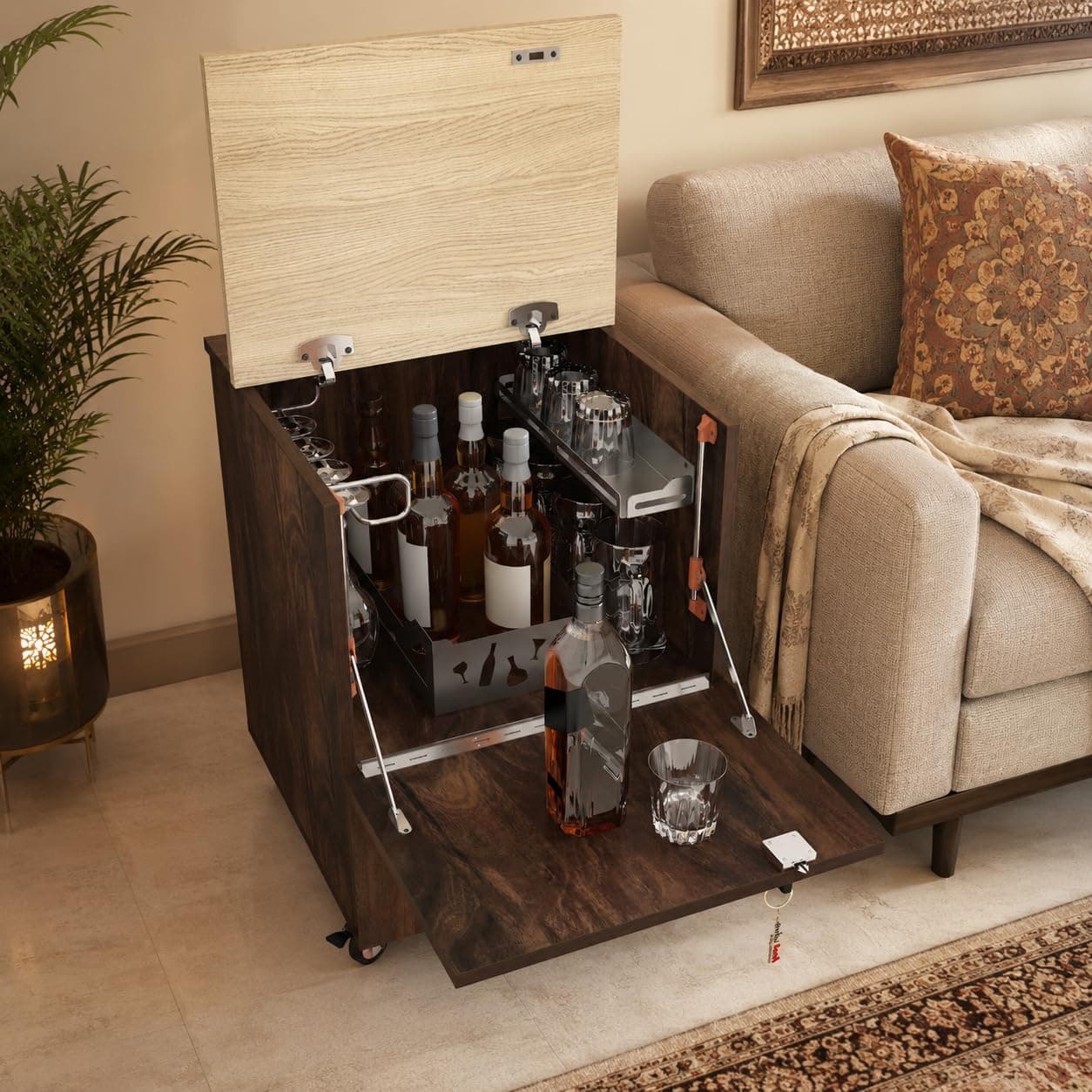 Studio Kook Curio Mini Bar on Wheels | Engineered Wood Bar Cabinet, Delivered Preassembled (Junglewood, Matte Finish)