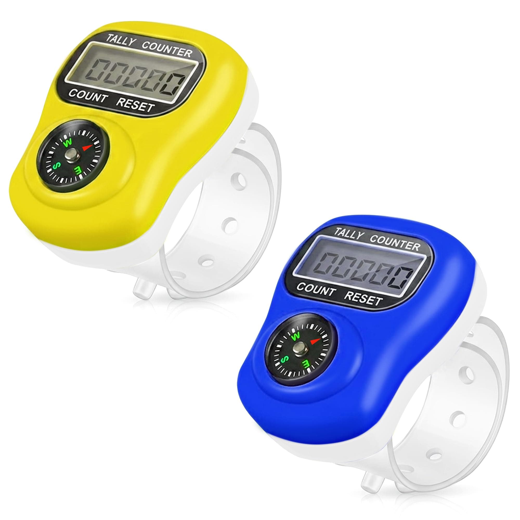 GLUN® Pack of 2 Finger Counter with Navigation Compass, 5-Digit LCD Digital Tally Counter Ring, Portable Prayer Counter for Tasbeeh, Mantra, Meditation & Counting Use