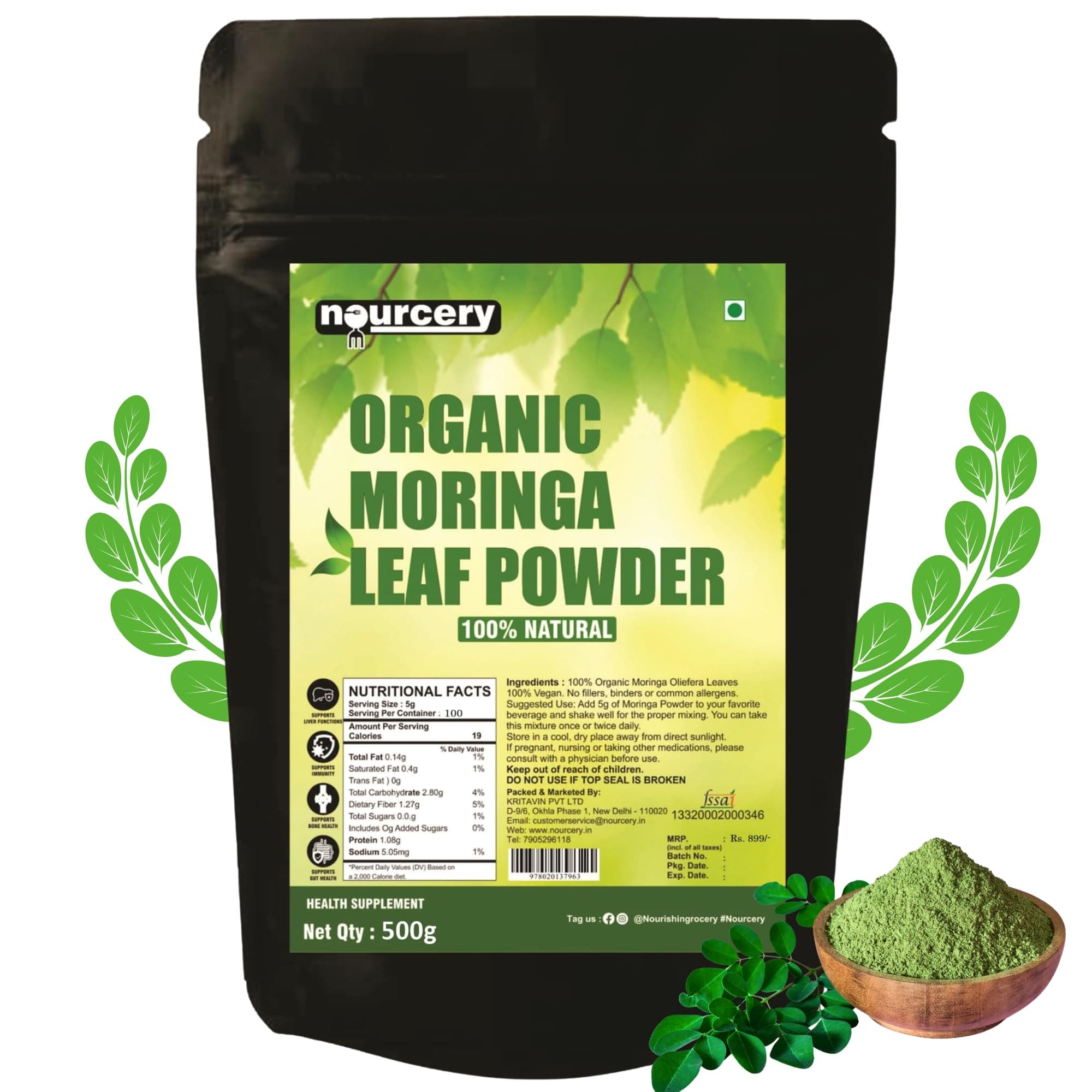 Nourcery Organic Moringa Leaf Powder 100% Moringa Leaf Powder (500g) |Herbal Supplement | Good for Immunity, Digestion, skincare and Haircare | 100% Natural and Preservative-free