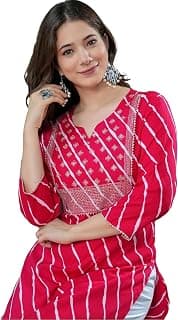 Generic Women's Cotton Floral Printed V-Neck A-Line Kurta/Regular Fit Kurti-3/4 Sleeve