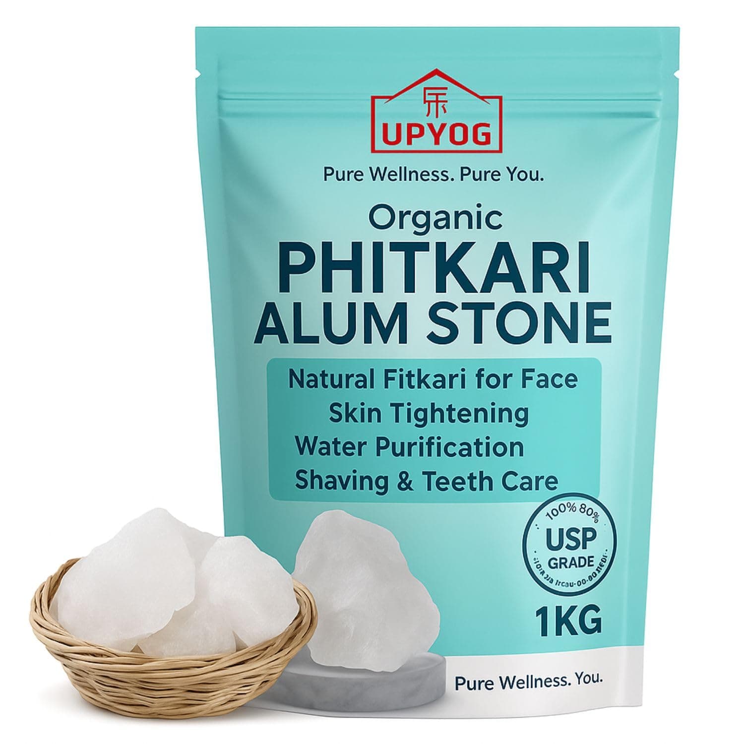 UPYOG Organic Phitkari Alum Stone 1KG | Natural Fitkari for Face, Skin Tightening, Water Purification, Shaving & Teeth Care | Premium White Alum Crystals | Gentle & Effective Fitkiri Stone
