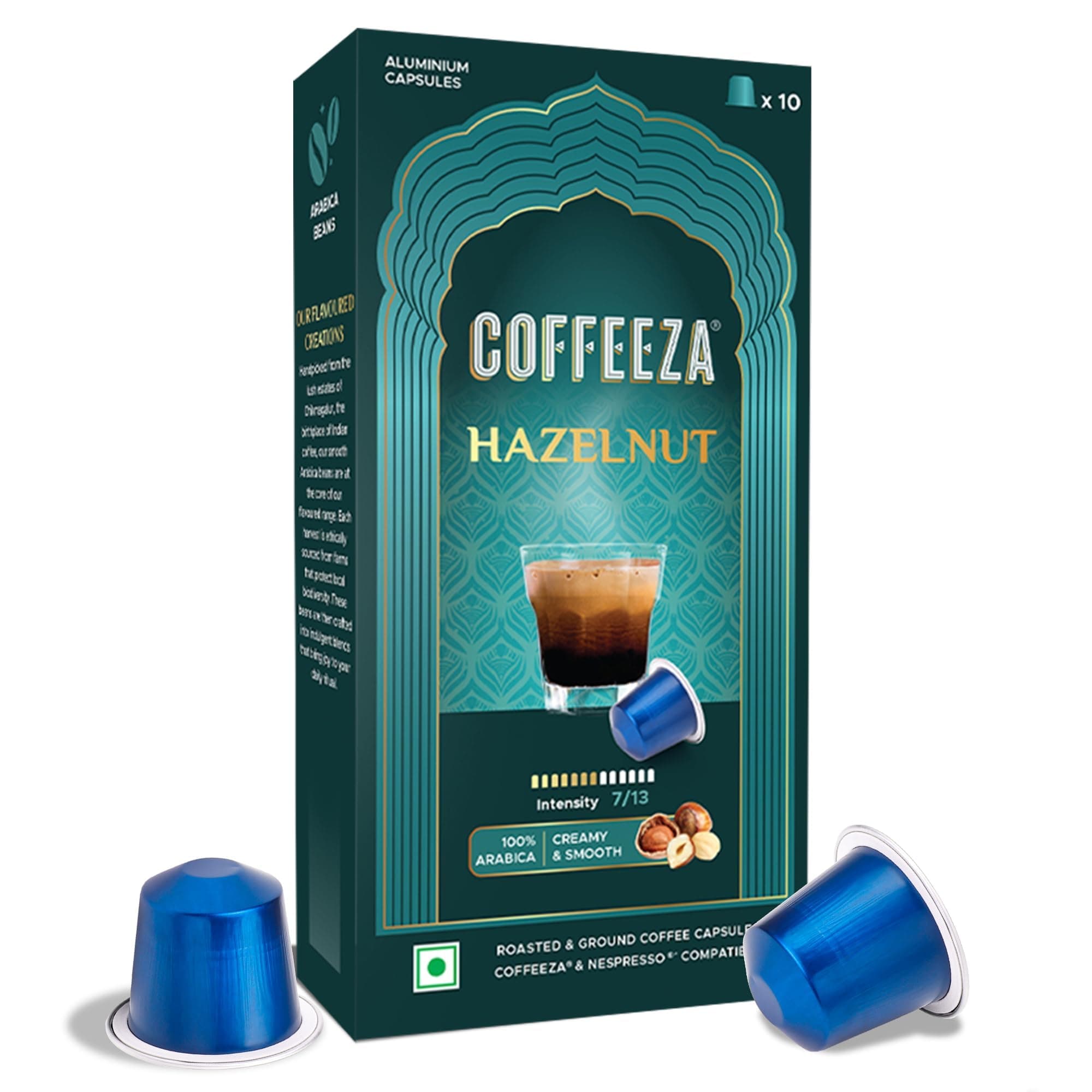 Coffeeza Hazelnut Flavoured Aluminium Coffee Capsules, Intensity - 7 |100% Arabica | Nespresso Compatible Coffee Pods | Box of 1 (10 Capsules)