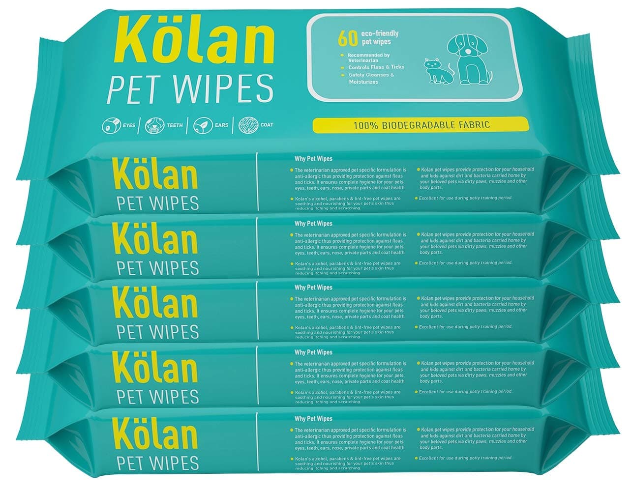 Kolan Eco-Friendly Pet Wipes 100% Biodegradable Fabric • Fragrance Free Grooming Wet Wipes for Dog | Cat | Puppies | Rabbit | Small Pets, 60 Count, 5 Pack