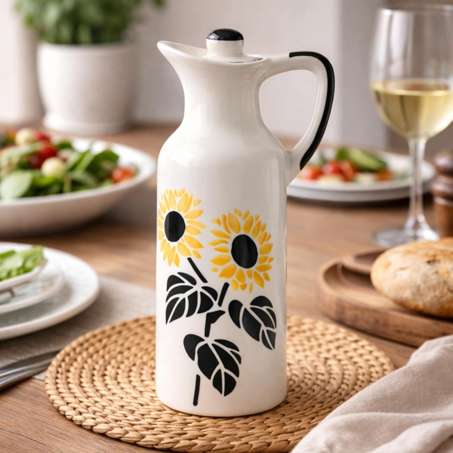 Ninasa Handcrafted Ceramic Oil Dispenser Bottle (300 ml) with Easy-Grip Handle | Sunflower Design, Glazed Finish, Modern Kitchen & Dining Table Accessory (White & Yellow)