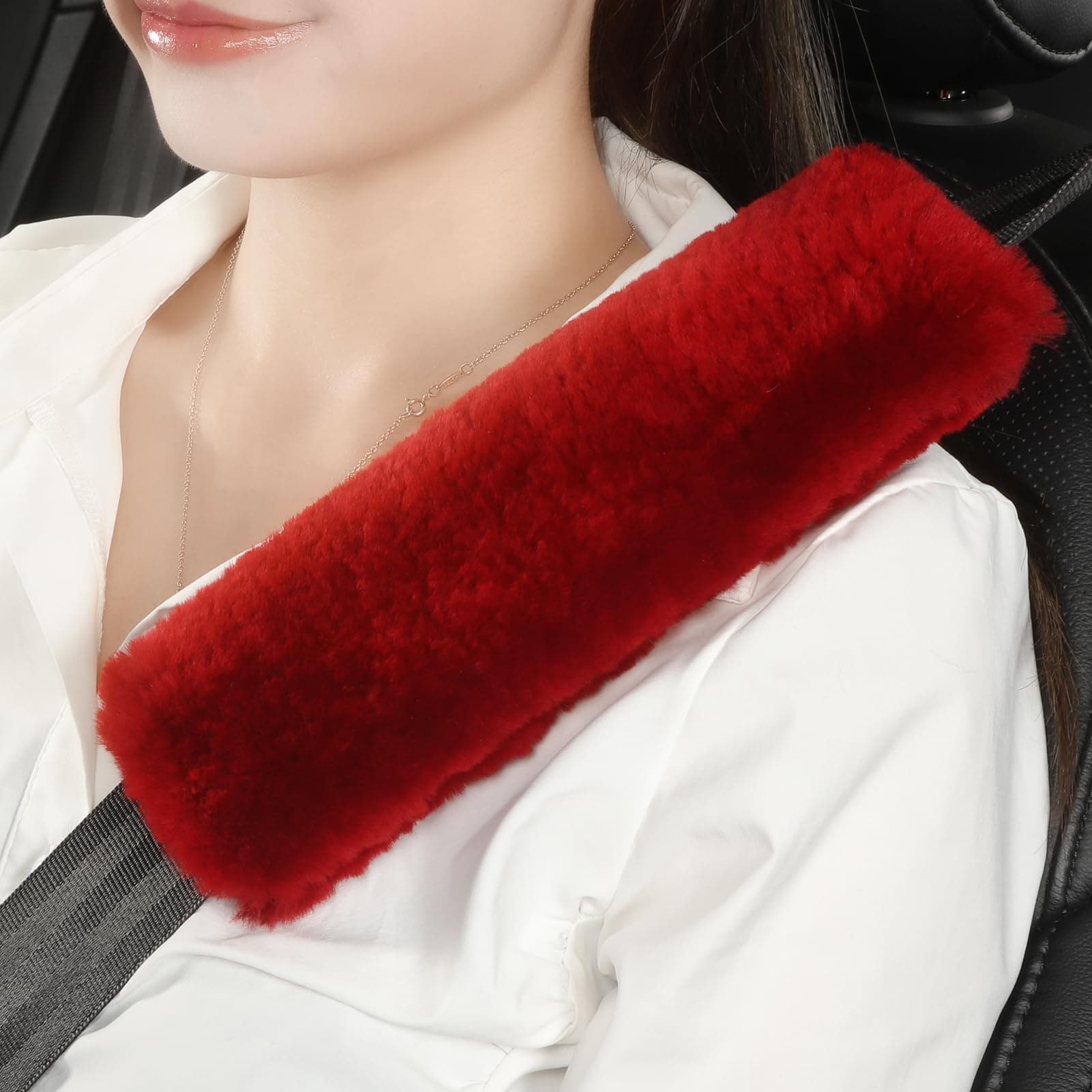 AOGELAN Fluffy Fuzzy Genuine Sheepskin Car Seat Belt Covers for Soft Auto Lambswool Seatbelt Pads, Shoulder Strap Cushion Adults Kids (2, Red)