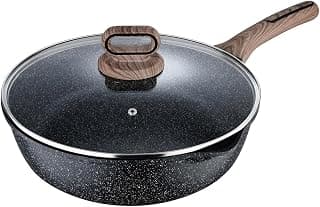 BERGNER Ultimate Cast NonStick 28 cm Deep Fry Pan/Saute Pan with Tempered Glass Lid, 3.2 L Capacity, Deep Fry/Tempura Style Cooking, Wood Finish Handle, Granite Finish, Induction & Gas Ready