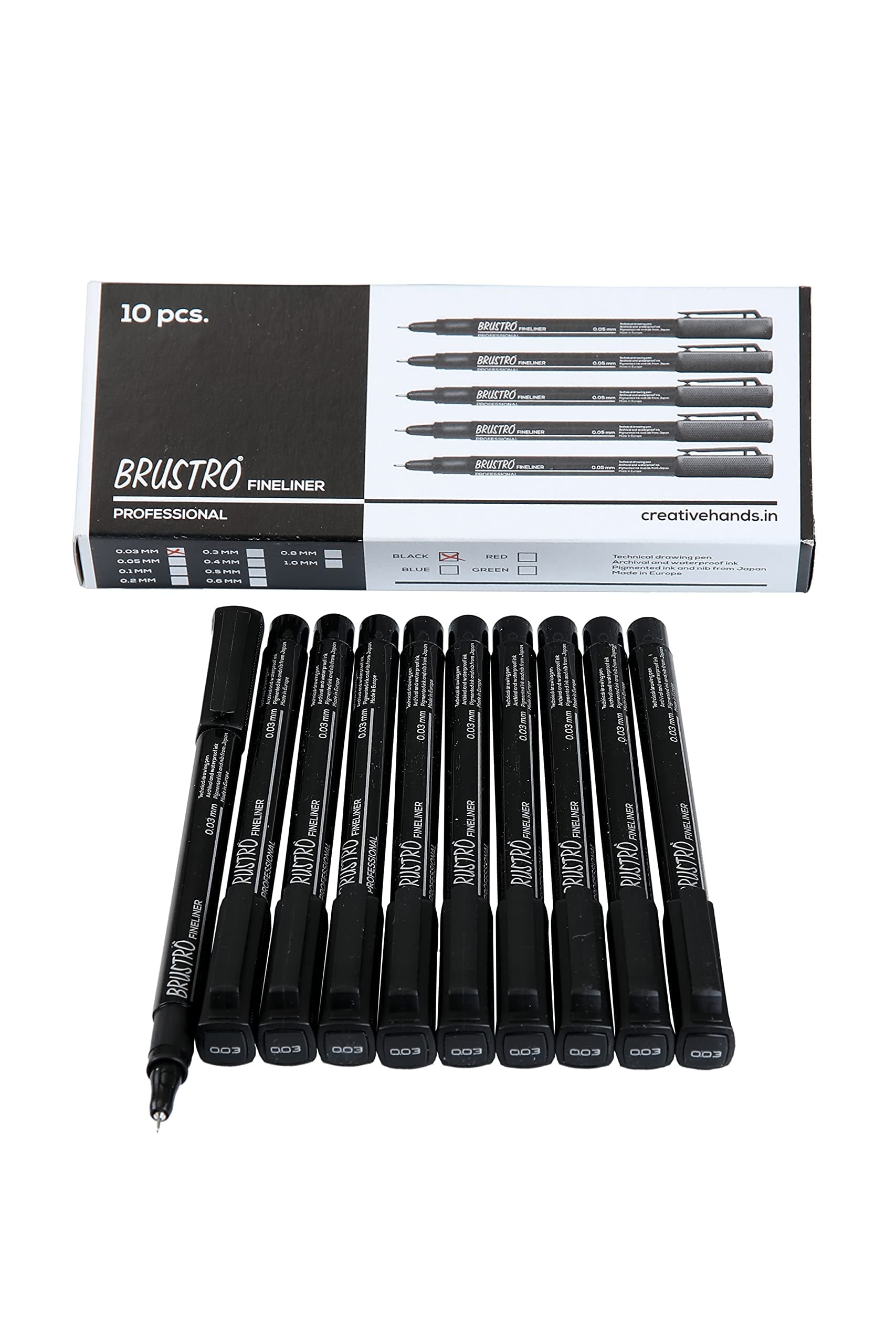 BRUSTRO Professional Pigment Based Fineliner Pen | Black, Box of 10, Tip Size - 0.03mm | Archival Waterproof UV Resistant Ink |Ideal for Mandala, Drawing,Artist Illustration,Sketching