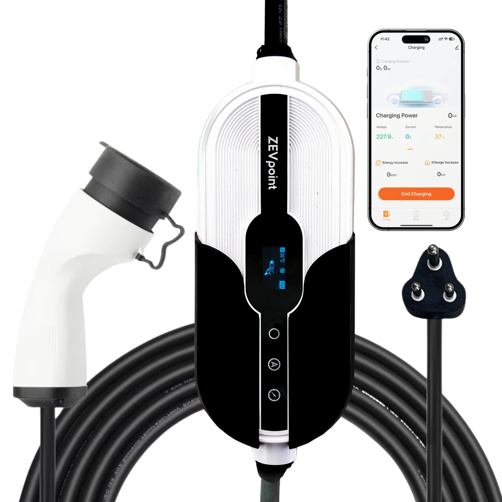 Zevpoint 3.6kW Portable EV Charger with Smart App | Wall Bracket + Bag | 6 Meters, Adjustable Power, TPU Cable, 16A | LED Screen | 10+ Advanced Safety Features | Upto 5-yr Warranty (Aveo 3.6 Plus)