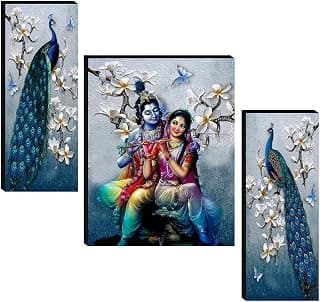 SAF Set of 3 Radha Krishna with Couple Peacock UV Textured Home Decorative Item Self Adhesive Painting 18 Inch X 12 Inch SANFJM31078- Multi Color