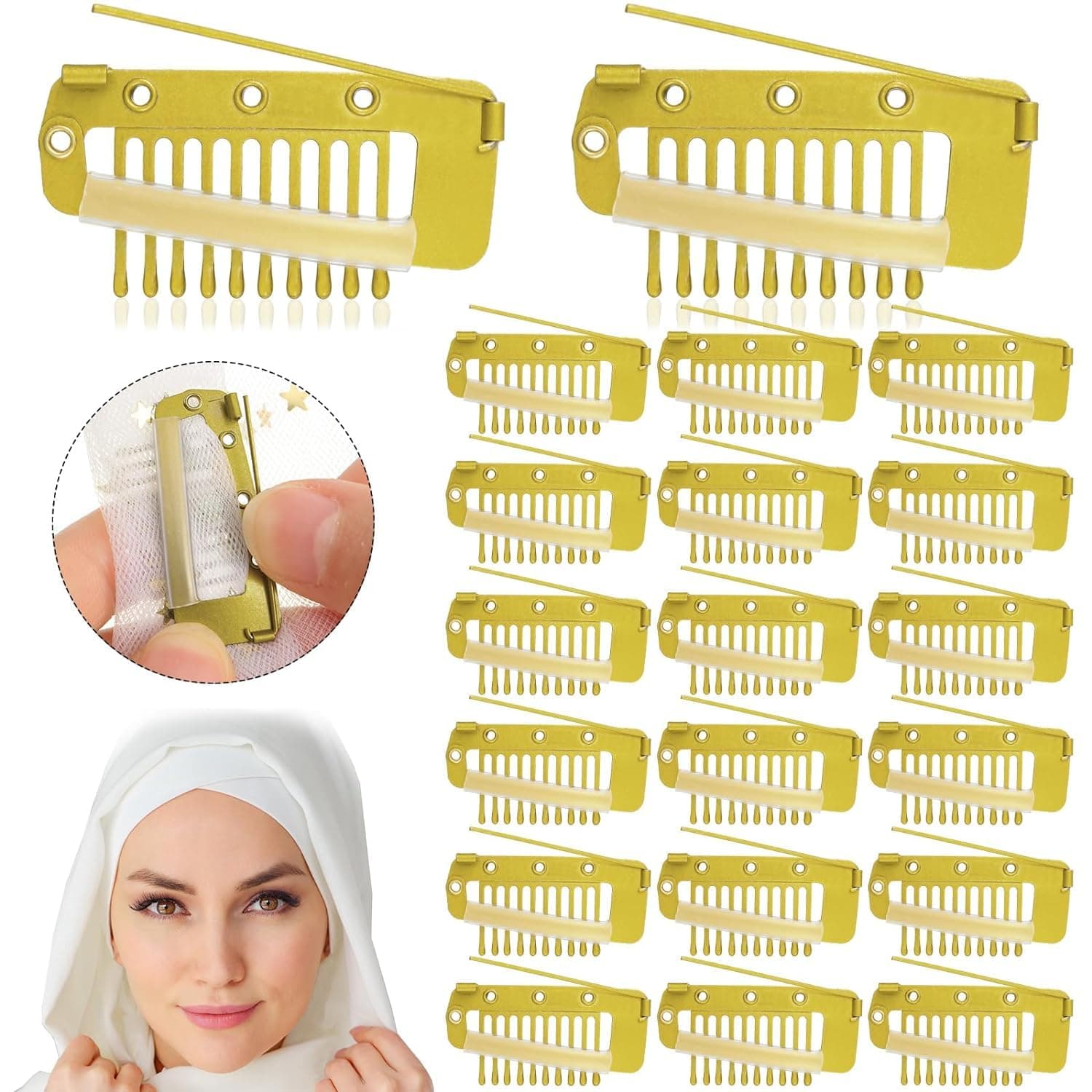 ADRONISH 4 Pcs Chunni Clips with Safety Pins 10 Teeth Wig Clips Strong Dupatta Grip Clip Flat Dupatta Setting Clips Hair Extension Clips for Woman (Gold & Black) Gold