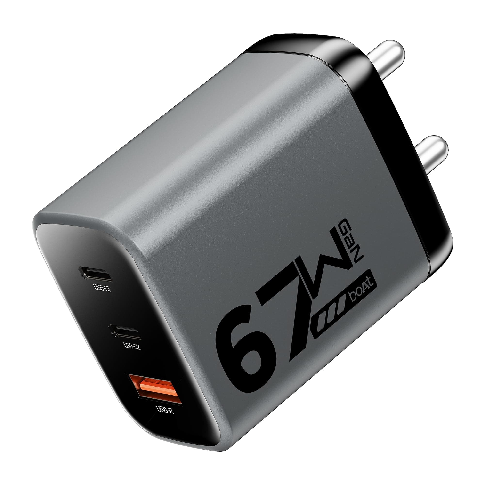 Boat 67W GaN Laptop Charger, Ultra-Fast Triple Port Fast Charging, Compact & Lightweight, Supports iPhone, ipad, Android, Laptops, Macbooks,HP, Dell, Lenovo, Asus, Tablet (for 65W Charging (Ash Grey)