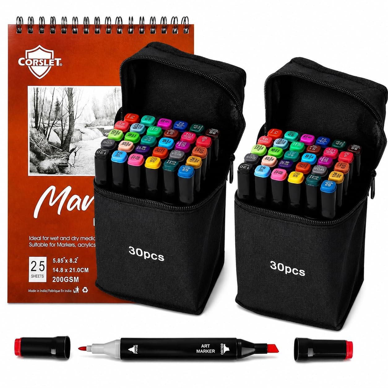 Corslet 30 Pcs Dual Tip Markers Set Color Markers for Drawing with Bleedproof Sketchbook 200gm & Marker Pad (30 Pcs Markers Pack of 2 & 1 Marker Pad)