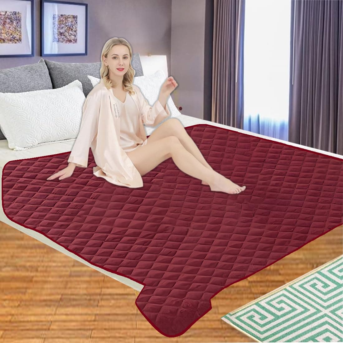 ADBENI HOME Quilted Cotton Waterproof Washable Incontinence Bed Pad, 72x72 Inch Maroon, Ecofriendly, Absorbent, Non-Slip Plaid Positioning, Leak Proof & Stain Free, Multi Purpose Utility Sheet
