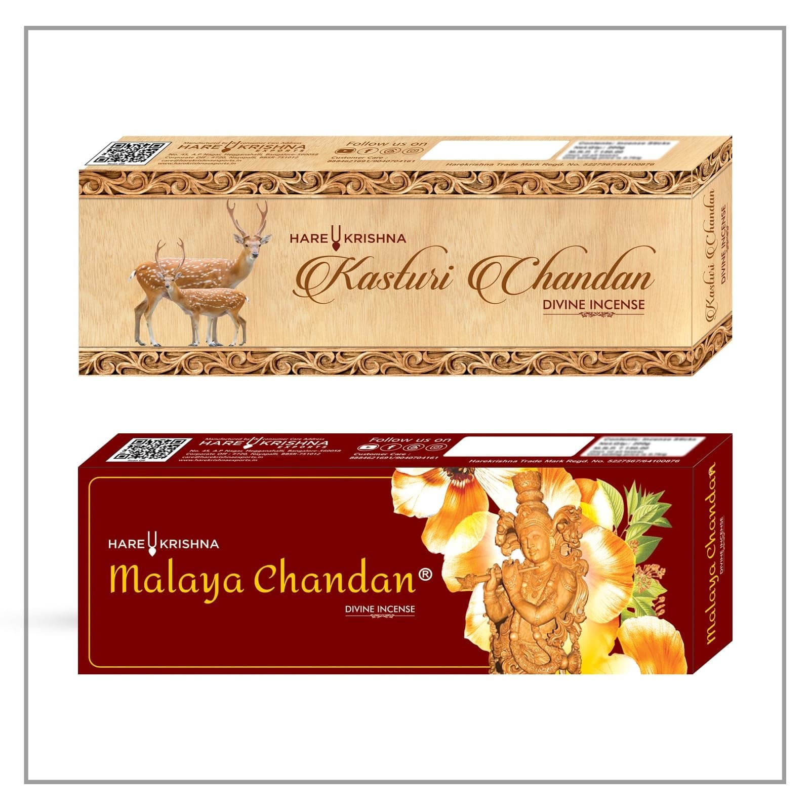 ISKCON Agarbatti | Kasturi Chandan & Malaya Chandan Divine Incense Sticks | Long-Lasting Fragrance | Ideal for Puja, Meditation, Yoga & Home Use Handcrafted & Low Smoke (Pack of 2)