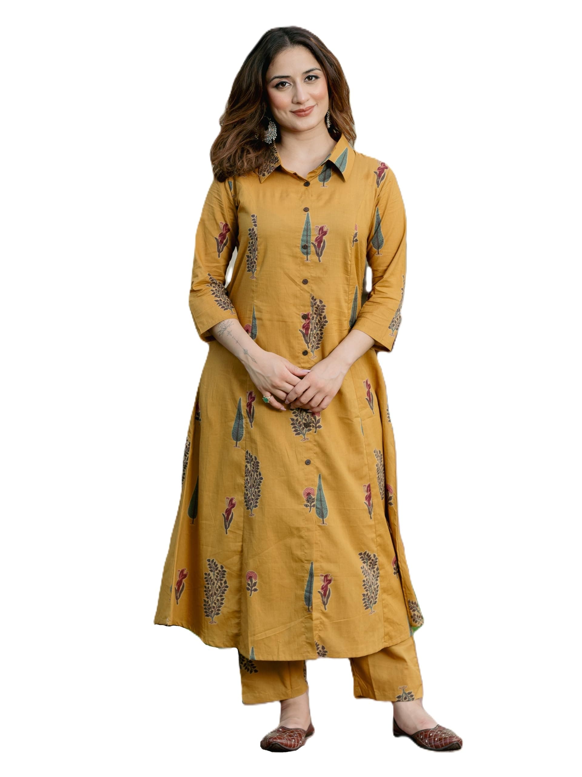 Arayna Women’s Pure Cotton Printed A-Line Kurta Set with Pants | Button-Down Collar Kurta