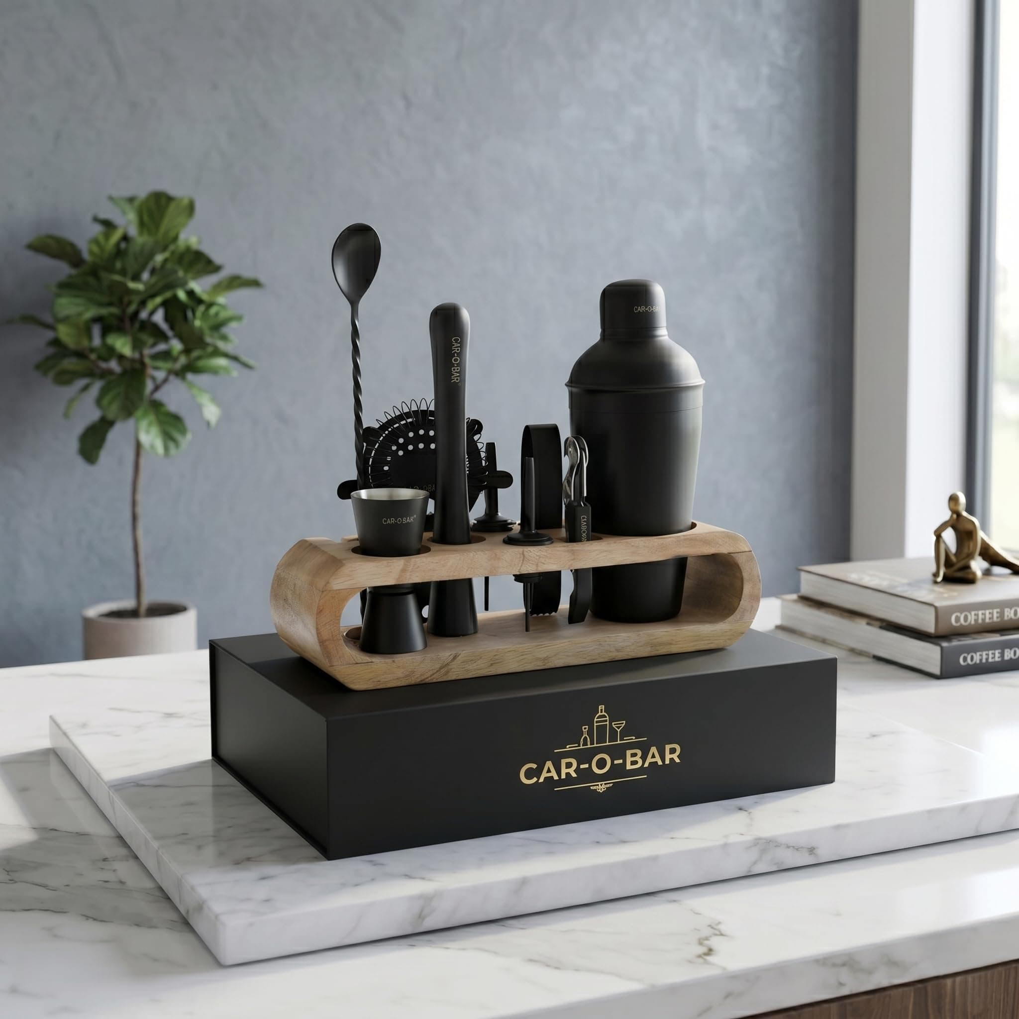 Car-O-Bar Black Bar kit with Stand | Bar Set for Home - 10 Piece Bartender Kit :Cocktail Shaker, Bar Spoon, Jigger, Muddler, Strainer, Wine & Beer Bottle Opener, 2 Pourers,Tong, Wooden Stand