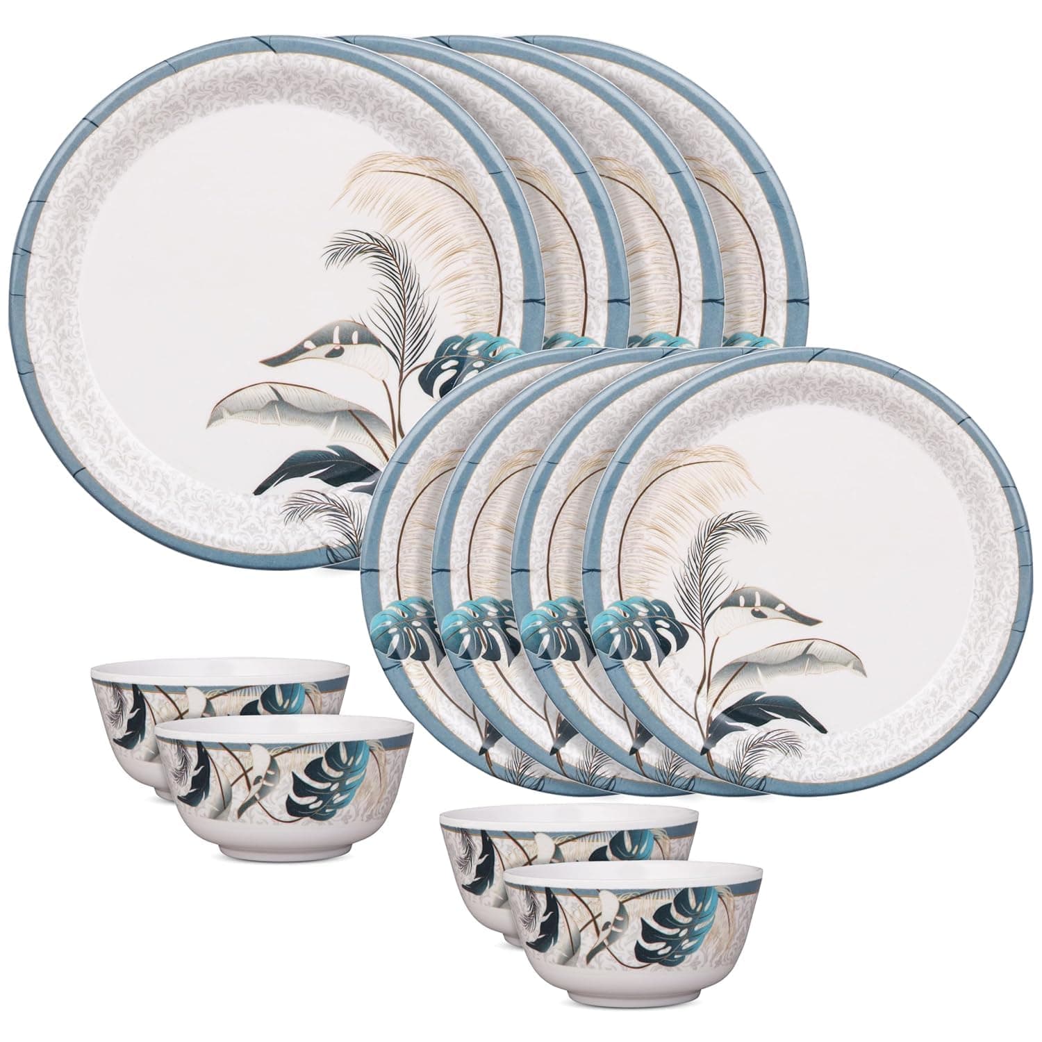Golden Fish Melamine Dinner Set 12 Pieces | BPA-Free & Dishwasher Safe | Durable & Stylish | Crockery Set for Dining & Gifting | Plates & Bowls for Daily Use (White & Blue) (Rose Marry-3)