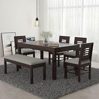 Sheesham Wood 4 Chair with 1 Bench Dining Table Set with Cushioned Chairs for Dining Room | Living Room | Home & Office | Hotels Restaurant (6 Seater with Bench, Walnut)